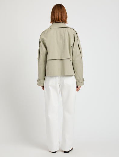 Proenza Schouler Back full length image of model wearing Yasmin Cropped Trench in Cotton in Sage