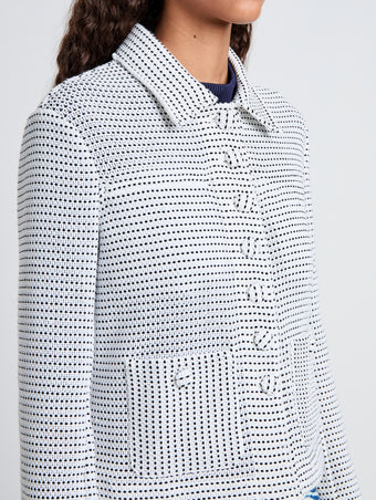 Proenza Schouler Detail image of model wearing Osler Jacket in Tweed in Off White