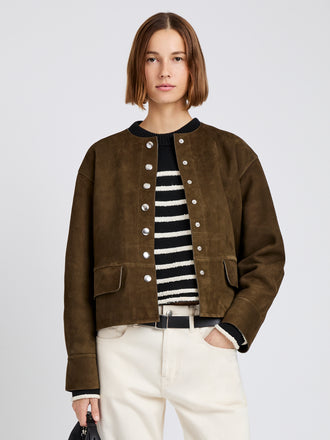 Proenza Schouler Front cropped image of model wearing Robin Jacket in Suede in Wood