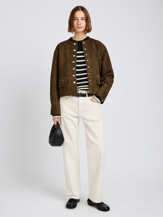 Proenza Schouler Front full length image of model wearing Robin Jacket in Suede in Wood