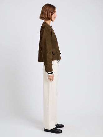 Proenza Schouler Side full length image of model wearing Robin Jacket in Suede in Wood
