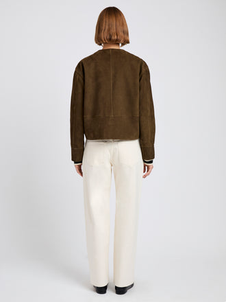 Proenza Schouler Back full length image of model wearing Robin Jacket in Suede in Wood