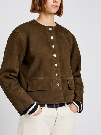 Proenza Schouler Detail image of model wearing Robin Jacket in Suede in Wood