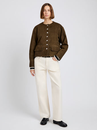Proenza Schouler Front full length image of model wearing Robin Jacket in Suede in Wood