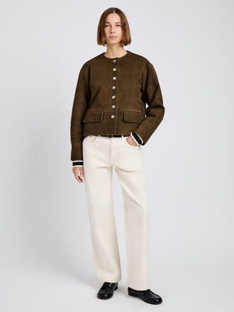Proenza Schouler Front full length image of model wearing Robin Jacket in Suede in Wood