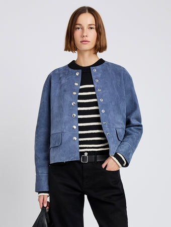 Proenza Schouler Front cropped image of model wearing Robin Jacket in Suede in Slate