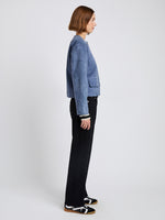 Proenza Schouler Side full length image of model wearing Robin Jacket in Suede in Slate