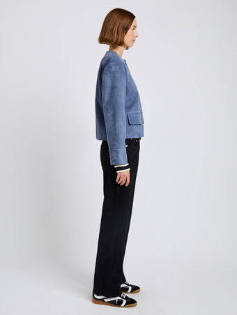 Proenza Schouler Side full length image of model wearing Robin Jacket in Suede in Slate