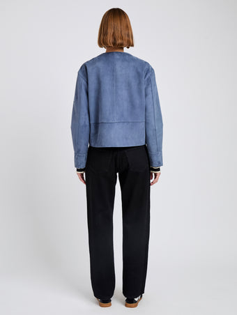 Proenza Schouler Back full length image of model wearing Robin Jacket in Suede in Slate