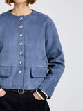 Proenza Schouler Detail image of model wearing Robin Jacket in Suede in Slate