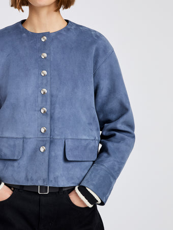 Proenza Schouler Detail image of model wearing Robin Jacket in Suede in Slate