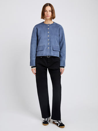 Proenza Schouler Front full length image of model wearing Robin Jacket in Suede in Slate