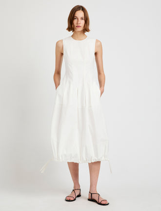 Proenza Schouler Front full length image of model wearing Marley Dress in Brushed Poplin in White