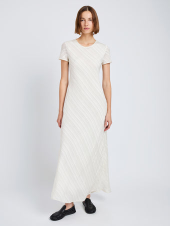 Proenza Schouler front image of model wearing Delphine Dress in Woven Stripe Flou in chalk/black
