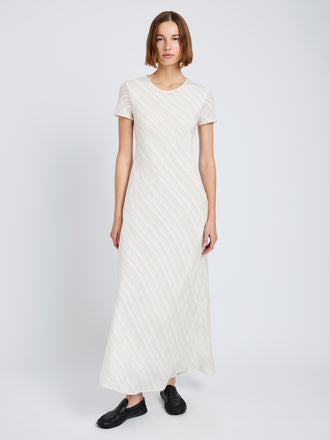 Proenza Schouler front image of model wearing Delphine Dress in Woven Stripe Flou in chalk/black