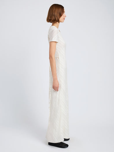 Proenza Schouler side image of model wearing Delphine Dress in Woven Stripe Flou in chalk/black