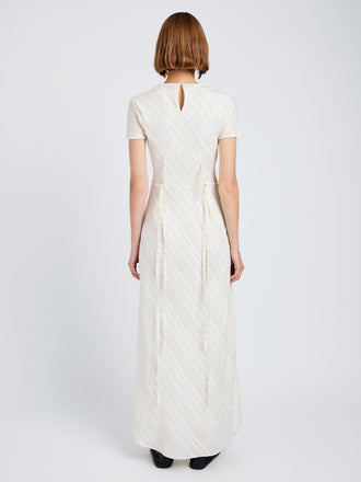 Proenza Schouler back image of model wearing Delphine Dress in Woven Stripe Flou in chalk/black
