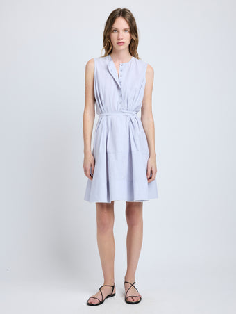 Proenza Schouler Front full length image of model wearing Kenzie Dress in Linen Shirting in Light Oxford Melange