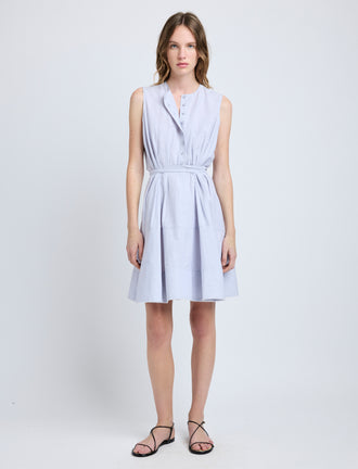 Proenza Schouler Front full length image of model wearing Kenzie Dress in Linen Shirting in Light Oxford Melange