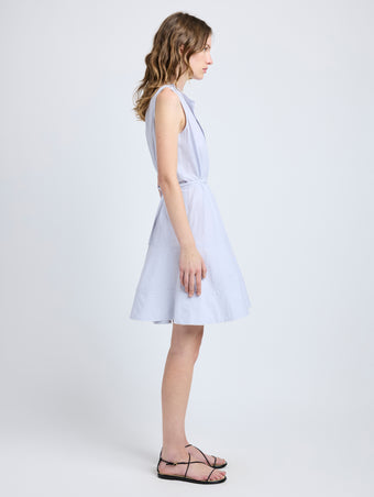 Proenza Schouler Side full length image of model wearing Kenzie Dress in Linen Shirting in Light Oxford Melange