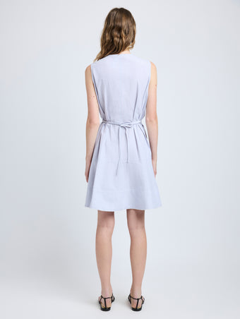 Proenza Schouler Back full length image of model wearing Kenzie Dress in Linen Shirting in Light Oxford Melange