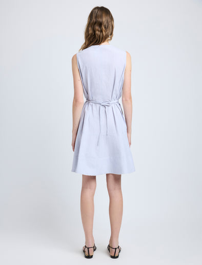 Proenza Schouler Back full length image of model wearing Kenzie Dress in Linen Shirting in Light Oxford Melange
