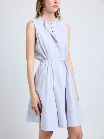Proenza Schouler Detail image of model wearing Kenzie Dress in Linen Shirting in Light Oxford Melange