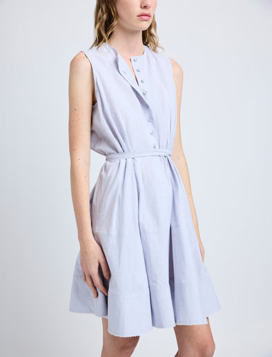 Proenza Schouler Detail image of model wearing Kenzie Dress in Linen Shirting in Light Oxford Melange