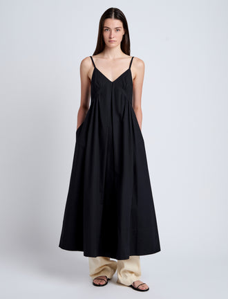 Proenza Schouler Front full length image of model wearing Barker Dress in Stretch Poplin in Black