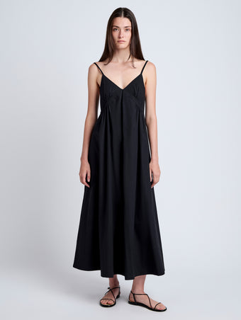 Proenza Schouler Front full length image of model wearing Barker Dress in Stretch Poplin in Black