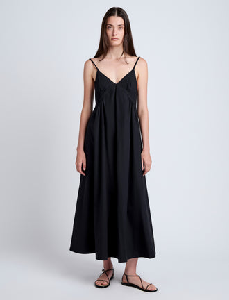 Proenza Schouler Front full length image of model wearing Barker Dress in Stretch Poplin in Black