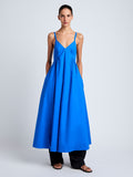 Proenza Schouler Front full length image of model wearing Barker Dress in Stretch Poplin in Cyan