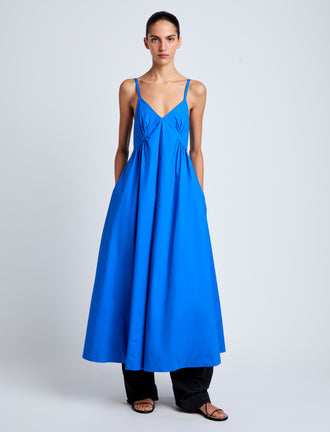 Proenza Schouler Front full length image of model wearing Barker Dress in Stretch Poplin in Cyan