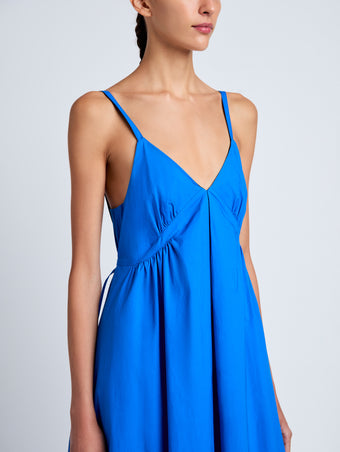 Proenza Schouler Detail image of model wearing Barker Dress in Stretch Poplin in Cyan