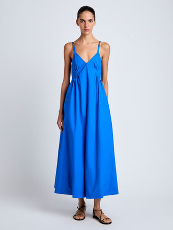 Proenza Schouler Front full length image of model wearing Barker Dress in Stretch Poplin in Cyan