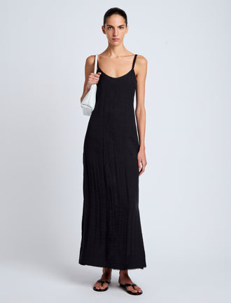 Proenza Schouler Front full length image of model wearing Evelyn Dress in Crinkle Viscose in Black