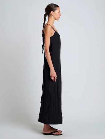 Proenza Schouler Side full length image of model wearing Evelyn Dress in Crinkle Viscose in Black