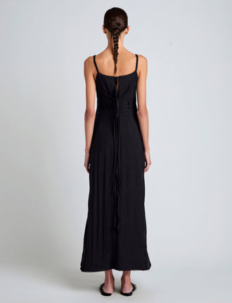 Proenza Schouler Back full length image of model wearing Evelyn Dress in Crinkle Viscose in Black