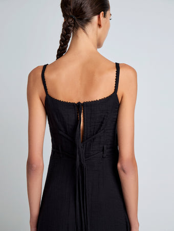 Proenza Schouler Detail image of model wearing Evelyn Dress in Crinkle Viscose in Black