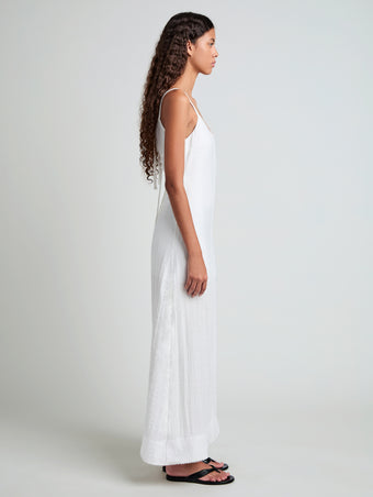Proenza Schouler Side full length image of model wearing Evelyn Dress in Crinkle Viscose in White