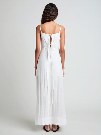 Proenza Schouler Back full length image of model wearing Evelyn Dress in Crinkle Viscose in White