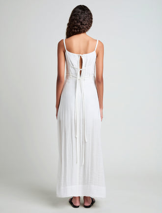 Proenza Schouler Back full length image of model wearing Evelyn Dress in Crinkle Viscose in White