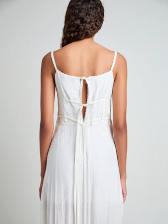 Proenza Schouler Detail image of model wearing Evelyn Dress in Crinkle Viscose in White