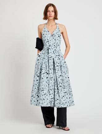 Proenza Schouler front image of model wearing Rhea Dress in Printed Poplin in frost/black