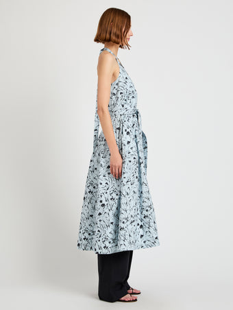 Proenza Schouler side image of model wearing Rhea Dress in Printed Poplin in frost/black