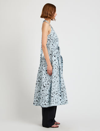 Proenza Schouler side image of model wearing Rhea Dress in Printed Poplin in frost/black