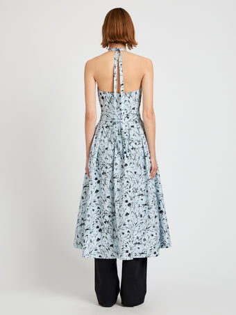 Proenza Schouler back image of model wearing Rhea Dress in Printed Poplin in frost/black