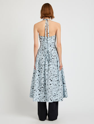Proenza Schouler back image of model wearing Rhea Dress in Printed Poplin in frost/black