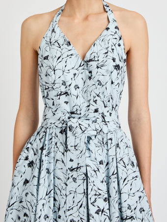 Proenza Schouler detail image of model wearing Rhea Dress in Printed Poplin in frost/black