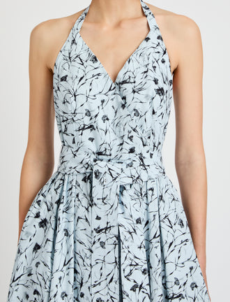 Proenza Schouler detail image of model wearing Rhea Dress in Printed Poplin in frost/black